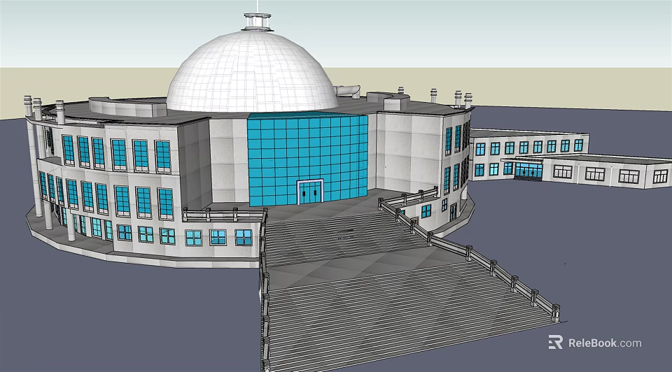 Modern Museum Building With White Dome Blue Glass Facade And Entrance Plaza 3d model 
