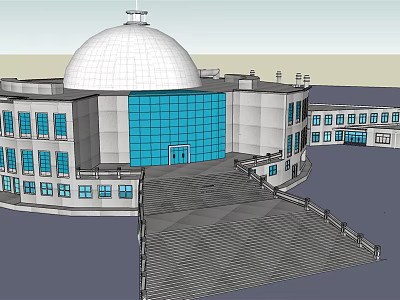 Modern Museum Building With White Dome Blue Glass Facade And Entrance Plaza 3d model