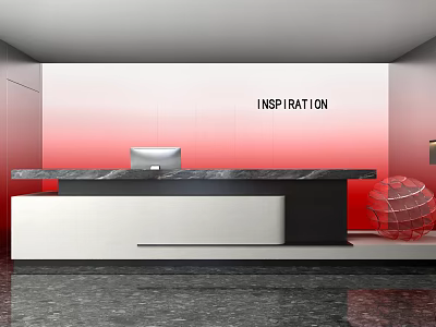 Modern Reception Desk with Marble Countertop Red Gradient Background INSPIRATION Signage and Spherical Decoration 3d model