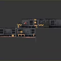 Industrial Metal Platform Structure With Connected Walkways Warning Stripes And Equipment Crates