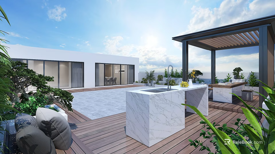 Sunny Outdoor Patio With Wooden Deck Marble Countertop Green Plants And Coastal View 3d model 