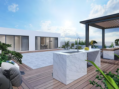 Sunny Outdoor Patio With Wooden Deck Marble Countertop Green Plants And Coastal View 3d model