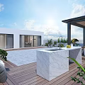 Sunny Outdoor Patio With Wooden Deck Marble Countertop Green Plants And Coastal View