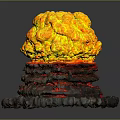 Cartoon Style Explosion Scene With Bright Yellow Orange Cloud And Layered Gray Red Base