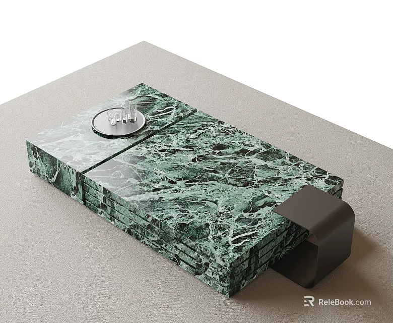Green Marble Coffee Table With Smooth Texture And Black Base Decorative Tray 3d model