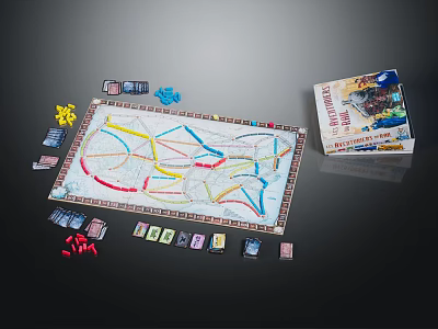 Board Game Entertainment Featuring Detailed Route Map Game Board With Colored Tokens And Game Box 3d model