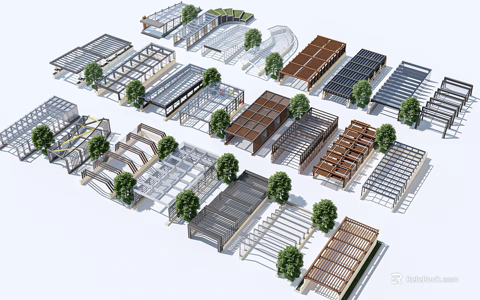 Various Roof And Shade Structures With Diverse Designs And Small Trees 3d model
