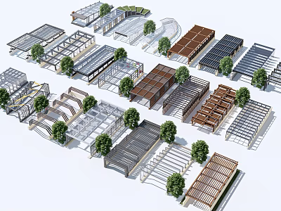 Various Roof And Shade Structures With Diverse Designs And Small Trees 3d model