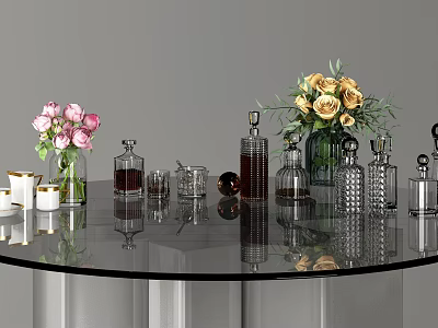 Elegant Wine Bottles and Glasses on Round Glass Table with Pink Yellow Roses Metal Containers 3d model