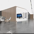 Modern Reception Area Interior Featuring Wooden Wall Large Screen Desk And Comfortable Chairs