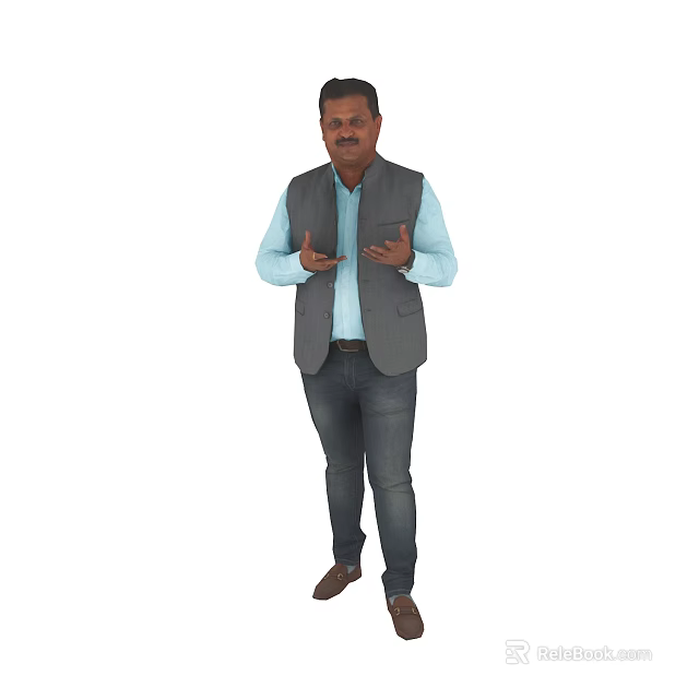 Man In Light Blue Shirt And Gray Vest Gesturing With Open Hands 3d model 