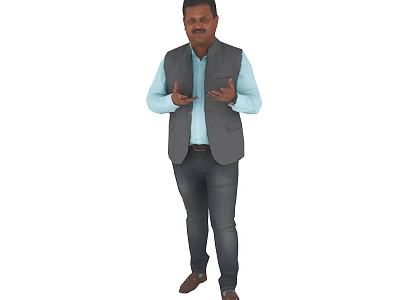 Man In Light Blue Shirt And Gray Vest Gesturing With Open Hands 3d model
