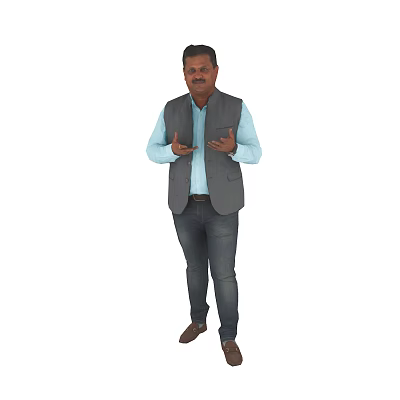Man In Light Blue Shirt And Gray Vest Gesturing With Open Hands 3d model Man In Light Blue Shirt And Gray Vest Gesturing With Open Hands 3d model