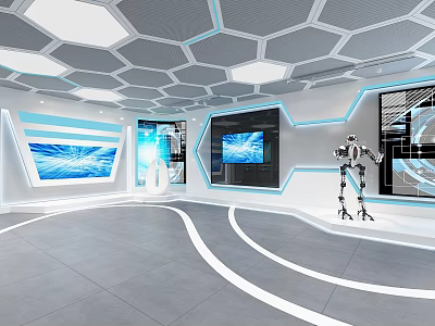 Hi tech Exhibition Hall With Futuristic Design Robot Display And Digital Screens 3d model