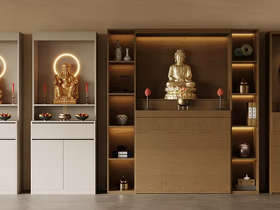 Modern Buddha Shrine Cabinets With Statues Lighting And Decorative Items 3d model