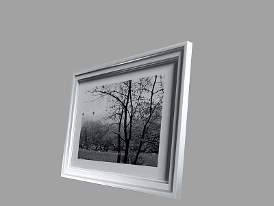 Modern White Photo Frame with Black and White Tree Print Hanging on Gray Wall 3d model