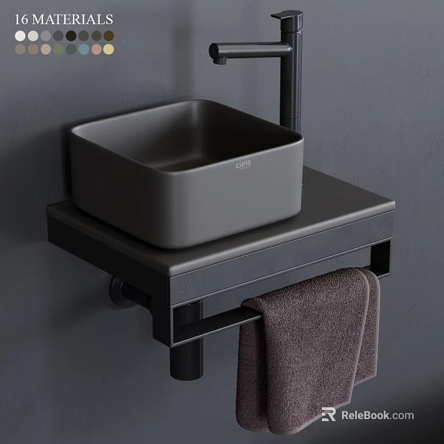 Black Square Washbasin On Wall Mounted Countertop With Towel Rack And Gray Wall 3d model 