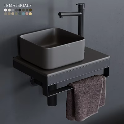 Black Square Washbasin On Wall Mounted Countertop With Towel Rack And Gray Wall 3d model