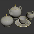 Elegant White Tea Set with Teapot Teacup Saucer Creamer and Gold Trim on Black Background