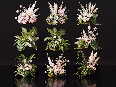 Various Vase Floral Arrangements Featuring Pink Flowers Green Foliage And Succulents 3d model