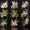 Various Vase Floral Arrangements Featuring Pink Flowers Green Foliage And Succulents