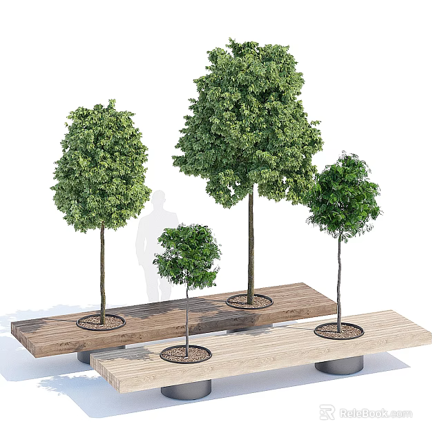 Tree Planters with Wooden Bench Design and Various Size Trees 3d model