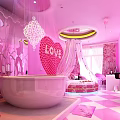 Romantic Hotel Room With Pink Walls White Female Silhouettes TV Rose And Bathtub