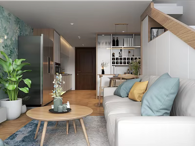 Modern Apartment Living Room With Sofa Pillows Coffee Table Green Plants Open Kitchen Wooden Flooring 3d model