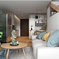 Modern Apartment Living Room With Sofa Pillows Coffee Table Green Plants Open Kitchen Wooden Flooring