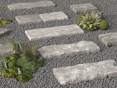 Natural Garden Path With Stone Slabs Pebble Ground And Green Plants 3d model
