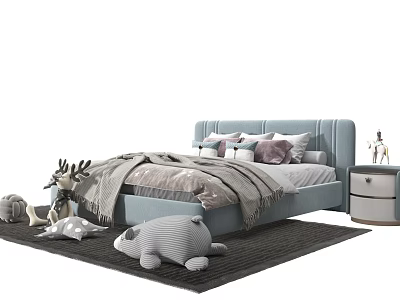 Light Blue Children's Bed With Pillows Blanket Plush Deer Whale Toys Nightstand And Rug 3d model