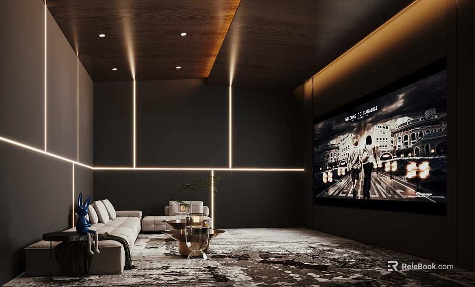 Modern Home Theater Interior Design With Large Screen TV Sofa And Plush Rug 3d model 