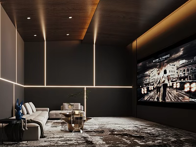 Modern Home Theater Interior Design With Large Screen TV Sofa And Plush Rug 3d model