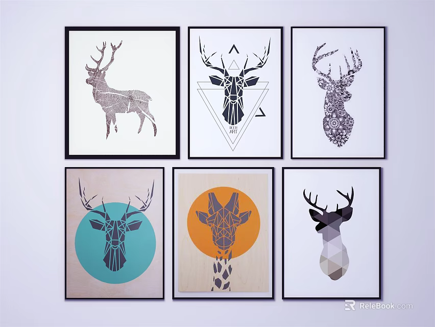Modern Animal Paintings Featuring Deer Giraffe Heads Geometric Patterns Colorful Backgrounds And Black Frames 3d model 