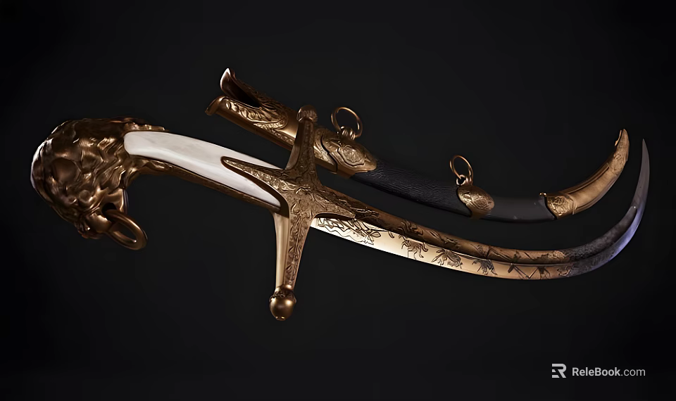 Antique Decorative Sword With Golden Engraved Patterns Lion Head Hilt And Black Scabbard 3d model 