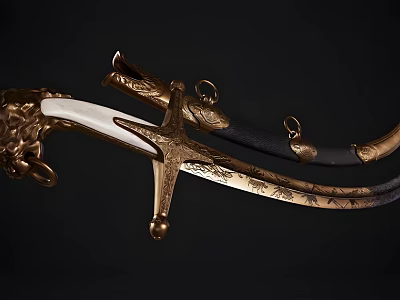 Antique Decorative Sword With Golden Engraved Patterns Lion Head Hilt And Black Scabbard 3d model