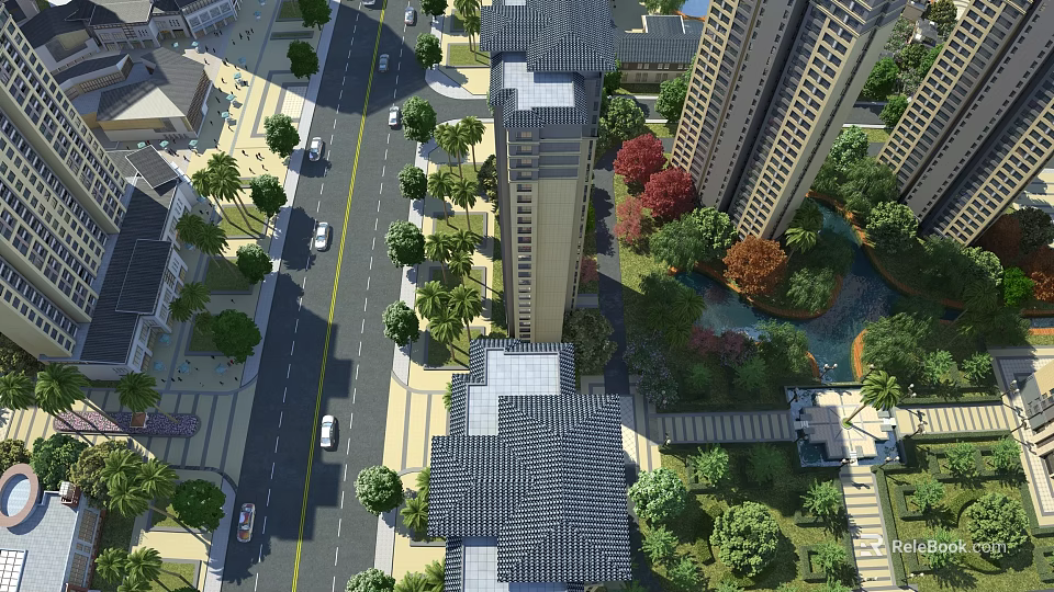 Birds Eye View Urban Planning With High Rise Buildings Roads Greenery And Pond 3d model 
