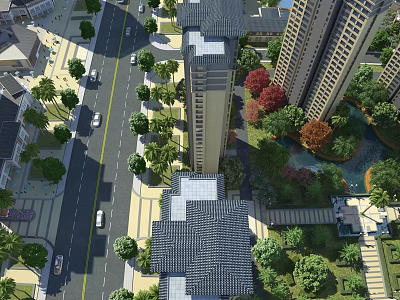 Birds Eye View Urban Planning With High Rise Buildings Roads Greenery And Pond 3d model