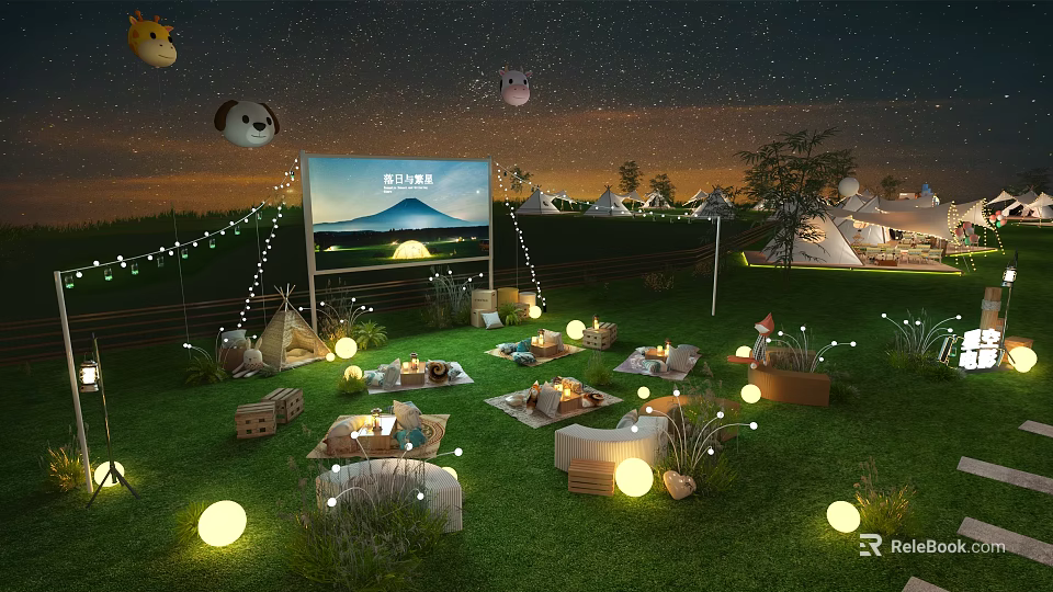 Camping Campground with Starry Sky Outdoor Movie Screen Tents Lawn String Lights Bonfire and Cushions 3d model 