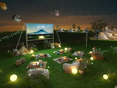 Camping Campground with Starry Sky Outdoor Movie Screen Tents Lawn String Lights Bonfire and Cushions 3d model