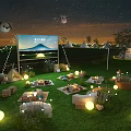 Camping Campground with Starry Sky Outdoor Movie Screen Tents Lawn String Lights Bonfire and Cushions
