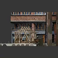 Cartoon Style Building Construction Scene With Red Brick Structure And Wooden Scaffolding