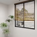 Natural Wooden Blinds on Window with Indoor Plant and Outdoor Garden View