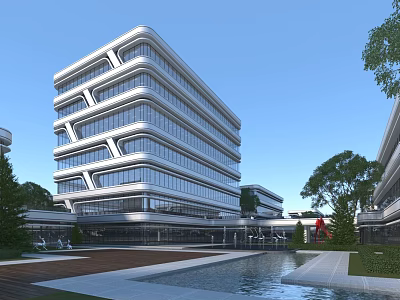 Modern Office Building With Glass Facade Multiple Floors And Landscaped Courtyard Water Feature 3d model