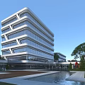Modern Office Building With Glass Facade Multiple Floors And Landscaped Courtyard Water Feature