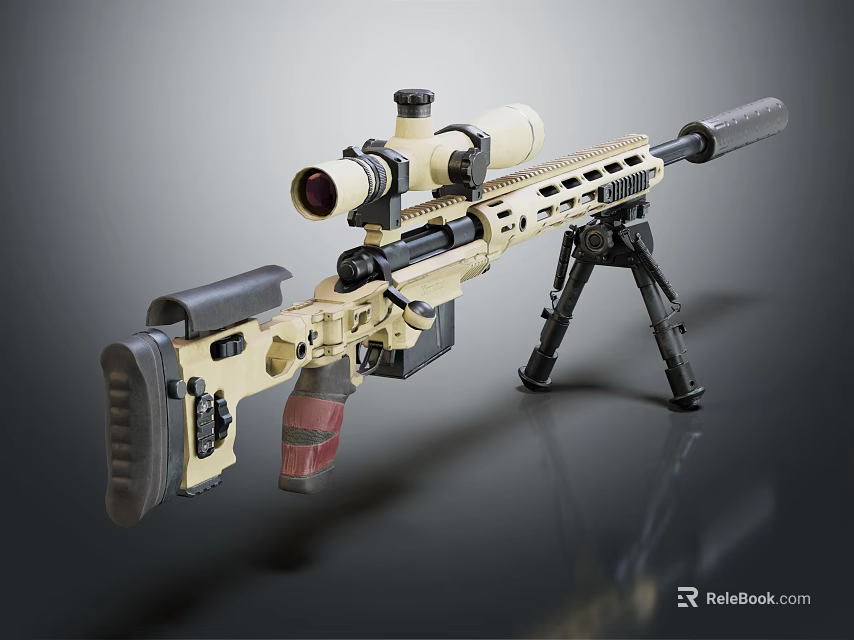 Tan Tactical Rifle With High Power Scope Adjustable Tripod Ergonomic Grip And Magazine 3d model 