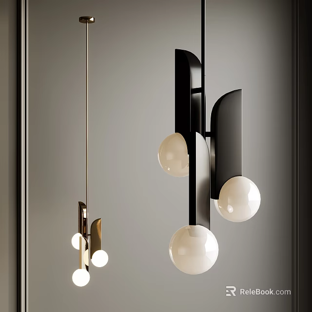 Modern Geometric Pendant Light With Black Metal Frame And White Glass Balls 3d model 