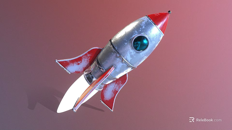 Silver Red Rocket Weapon With Blue Circular Window Red Fins And Thruster Flame 3d model 