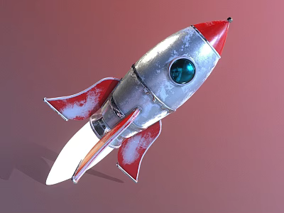 Silver Red Rocket Weapon With Blue Circular Window Red Fins And Thruster Flame 3d model