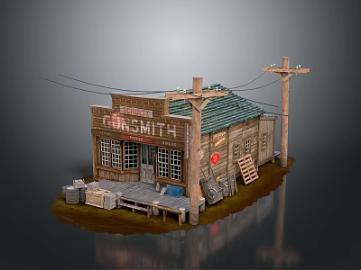 European Style Blacksmith Shop Building With Green Roof Wooden Crates And Power Poles 3d model